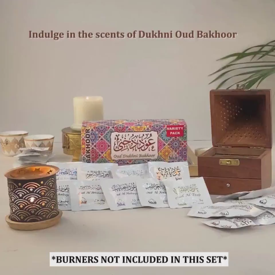 Dukhni Oud Bakhoor refill pack of 10 assorted scents, perfect for creating a fragrant ambiance, available in the UK.